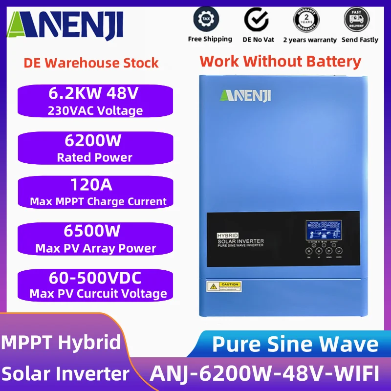 6,2 kW Solar Inverter 230VAC 48V Hybrid na mriežke mimo mriežky Inversor Pure Sine Wave Vstavaný ovládač solárneho náboja MPPT 120A