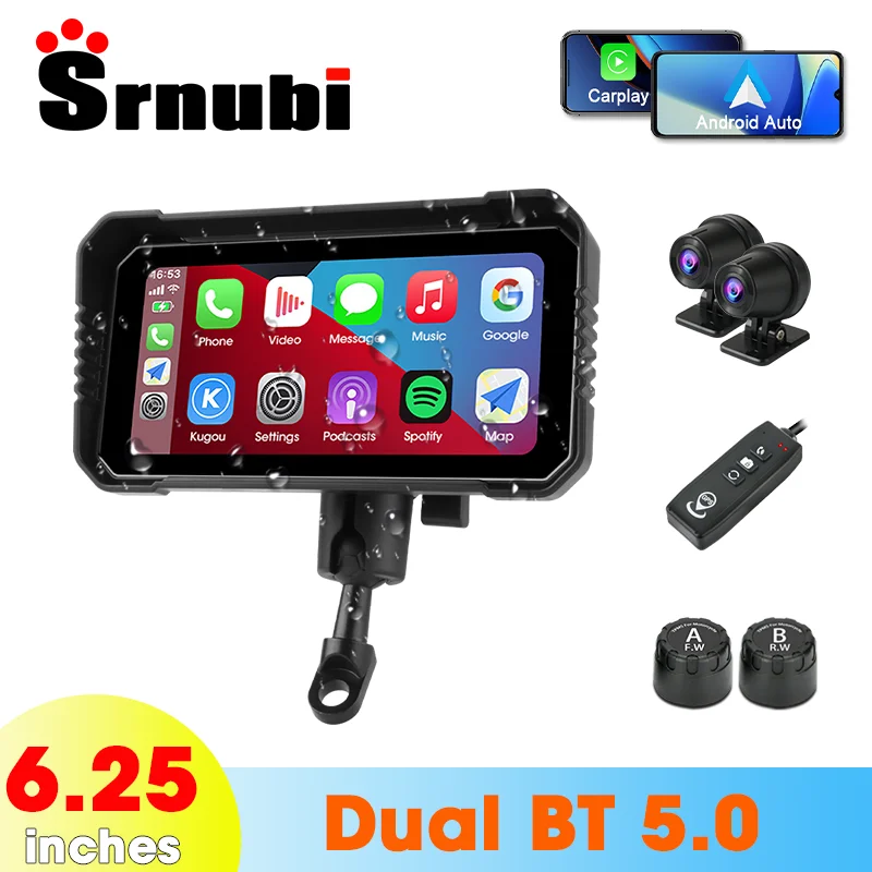 6.25 '' CarPlay Motorcycle Camera Dashcam s tlakovým doplnkom pneumatiky Digital Moto Dashboard Vodotesný Android Auto Monitor