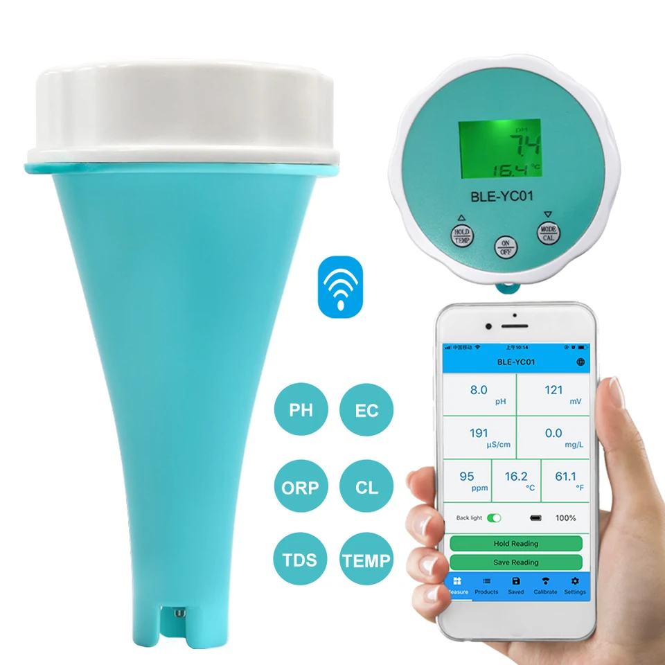 6/3-v-1 Zvyškový chlór monitor pH/ORP/EC/TDS tester kvalita vody podsvietená LCD displej inteligentného vybavenia Bluetooth kompatibilné