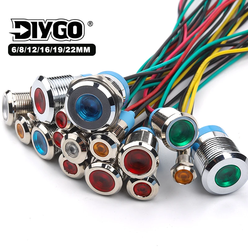 6/8/11/16/19/222 mm kovové vodotesné LED vodotesné indikátorové svetelné lampa s drôtom 6v 12v 24V 110V 220V červeno/žltá/modrá/zelená/biela