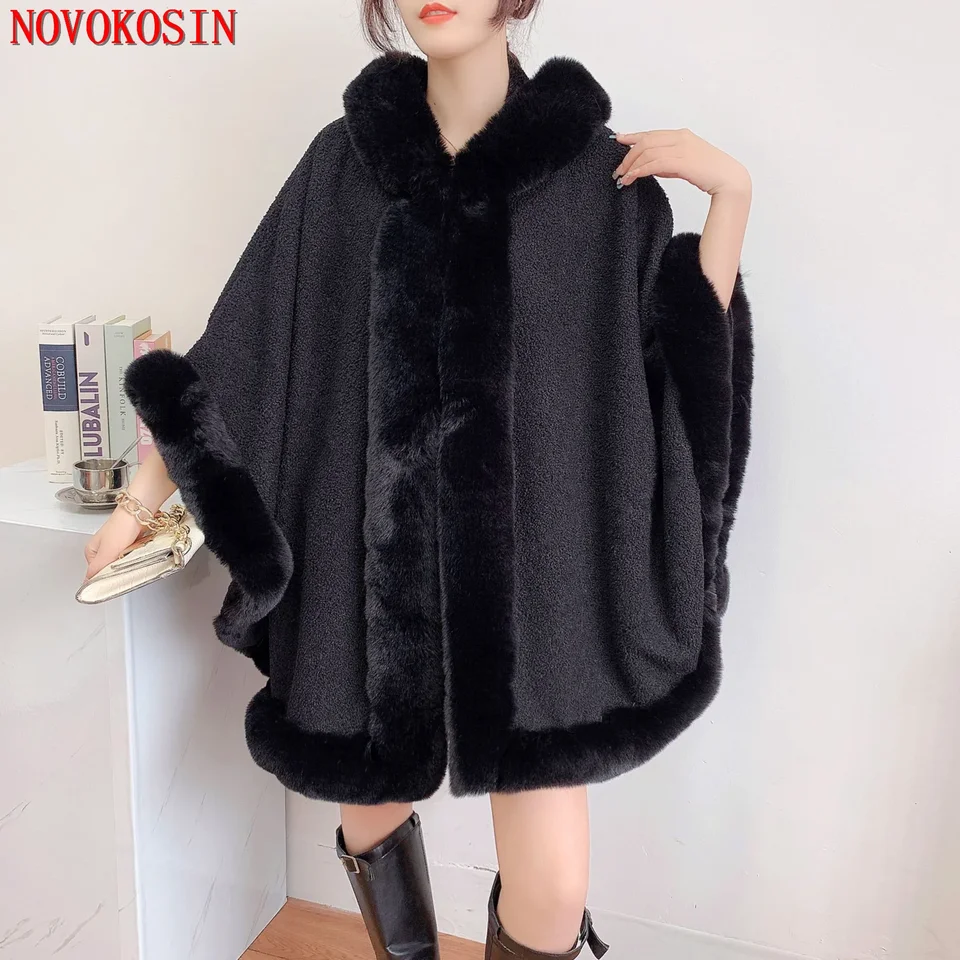 6 Color 2024 Ženy Outstreet Loose Capes Granular Velvet Big Faux Rabbit Rabbit Cloak Zima hrubý dlhý šatový kabát s klobúkom s klobúkom