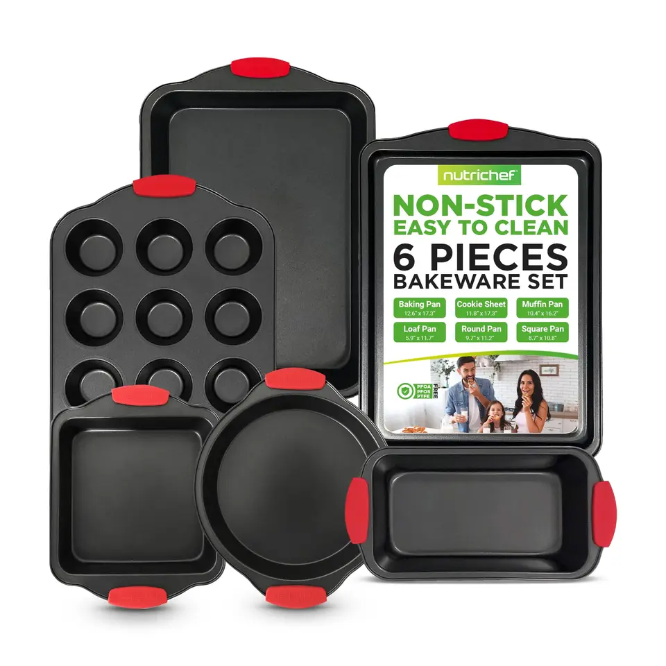 6 -dielna nonstick Set Bakeware - uhlíková oceľová súprava na pečenie s červeným silikónovým rukoväť
