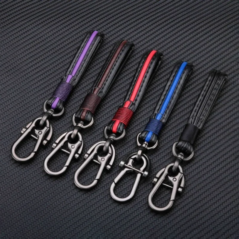 6 farebná módna ručne vyrobená kožená lano keychain pištoľ čierny kovový kovový prsteň kľúča držiak na kľúče kľúča kryt Automatické muži Klávesové prívesky darčeky