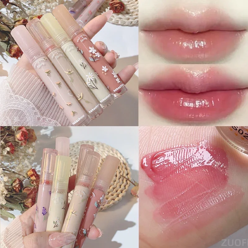 6 farieb zrkadlové pery lesk hydratačný nahý pera Pekná kvetina priehľadná trubica tekutá rúž dlhotrvajúca make -up kozmetika