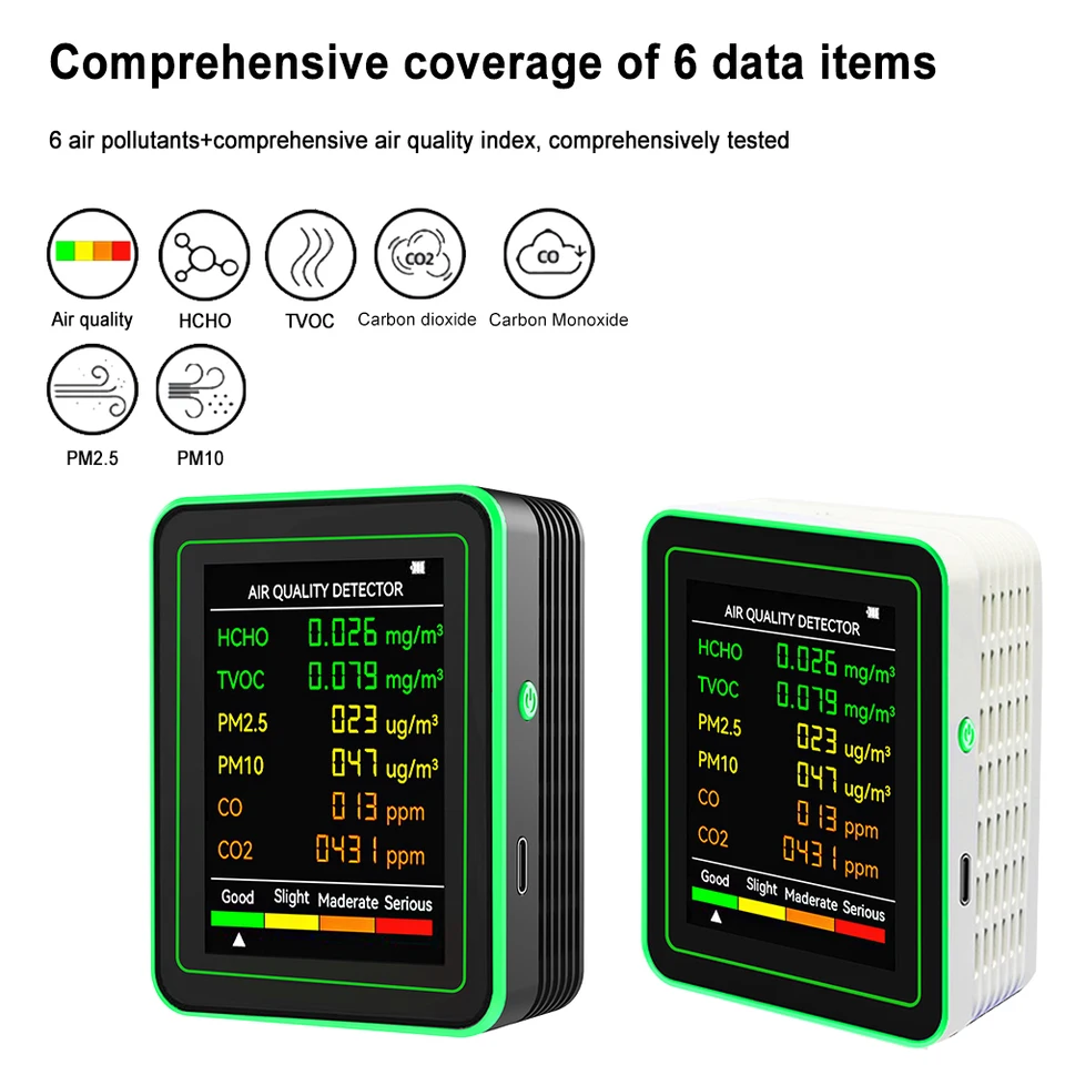 6 in 1 detektor kvality ovzdušia PM2,5 pm10 HCHO TVOC CO2 CO meter Multifunkčný formaldehyd detektor AQI Tester pre kancelársku školu