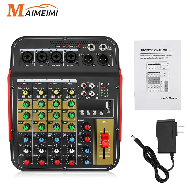 6 -kanálové profesionálne mixovacie konzoly Audio Mixer Outdoor Conference Audio USB Reverb Audio procesor Live Sound Card Karaoke