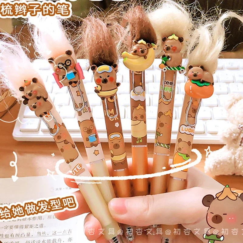 6 klíčok anime capybara karikatúra 0,5 mm gélové perá dievčenské kancelárske potreby smažené vlasy Pen Kawaii Študentské potreby pre deti