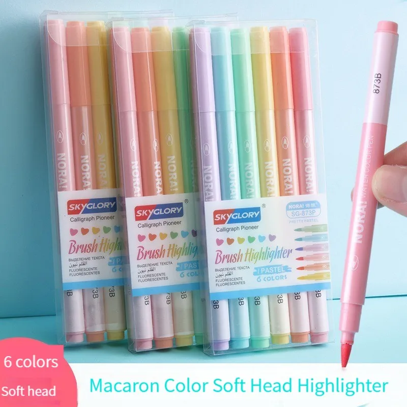6 ks kawaii Candy Color zvýrazňovacia pero pero Soft Brush Fluorescenčné umelecké pero pre školské kreslenie maľba roztomilé kancelárske potreby