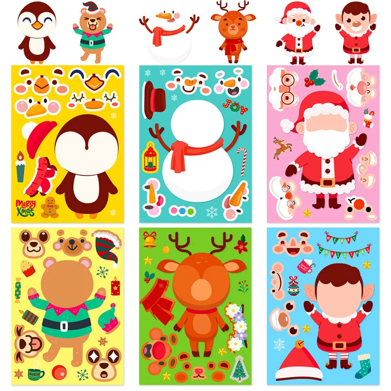 6 listov/set karikatúra vianočná téma Vytvorte si nálepky na tvár detské ručne vyrábané puzzle pre domácich majstrov pre darčeky Dary Decorácie