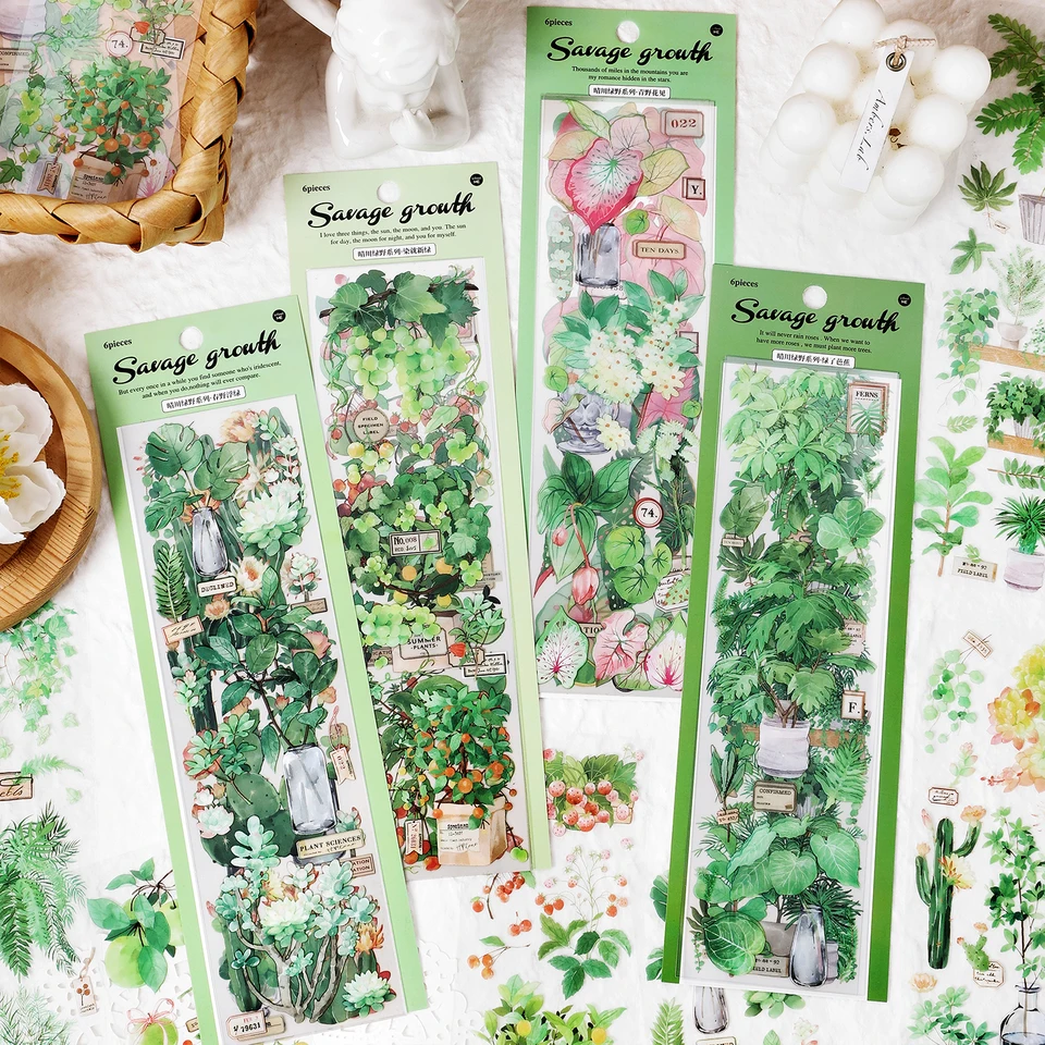 6 listov zelená rastlina Pet Sticker Dekoratívne scrapbookingové štítky Denník album kolážový materiál lepidlá pre domácich majstrov
