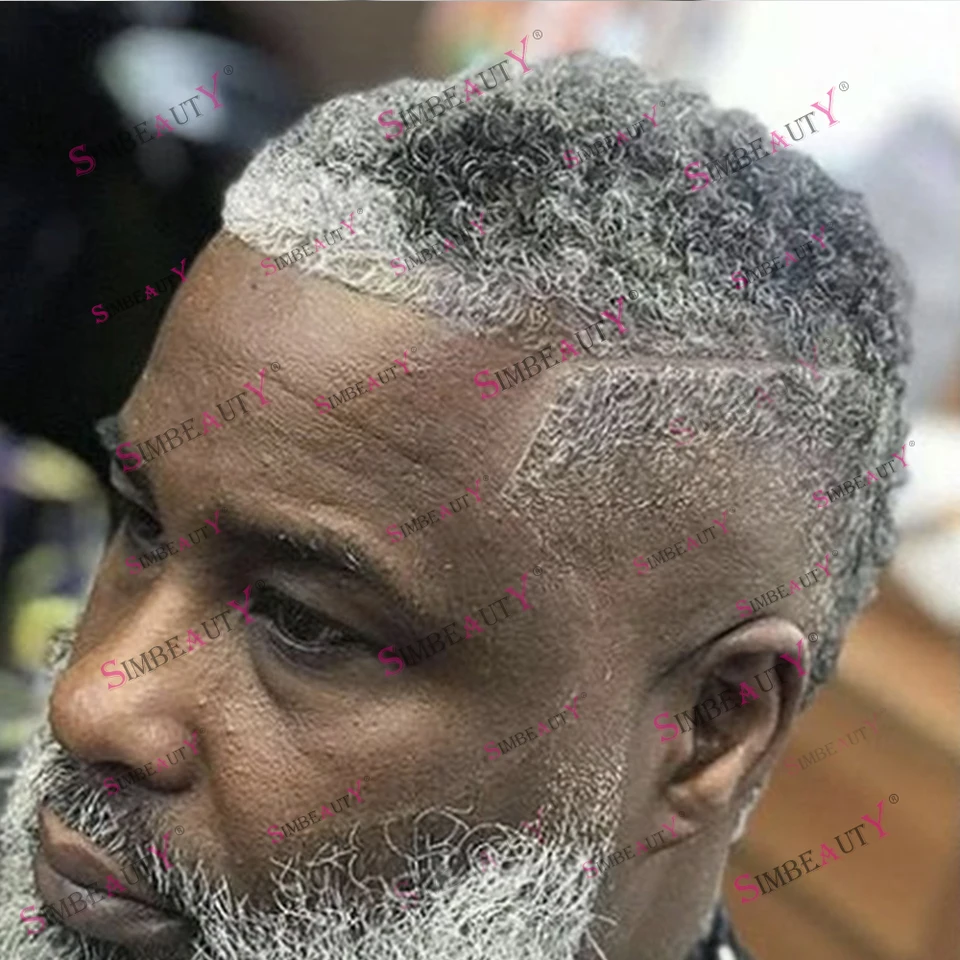 6 mm afro účes Mens Toupee Grey Black Black Trvalá pokožka Základňa Mužská protéza Prírodná vlasová línia Afro Curly Parochňa