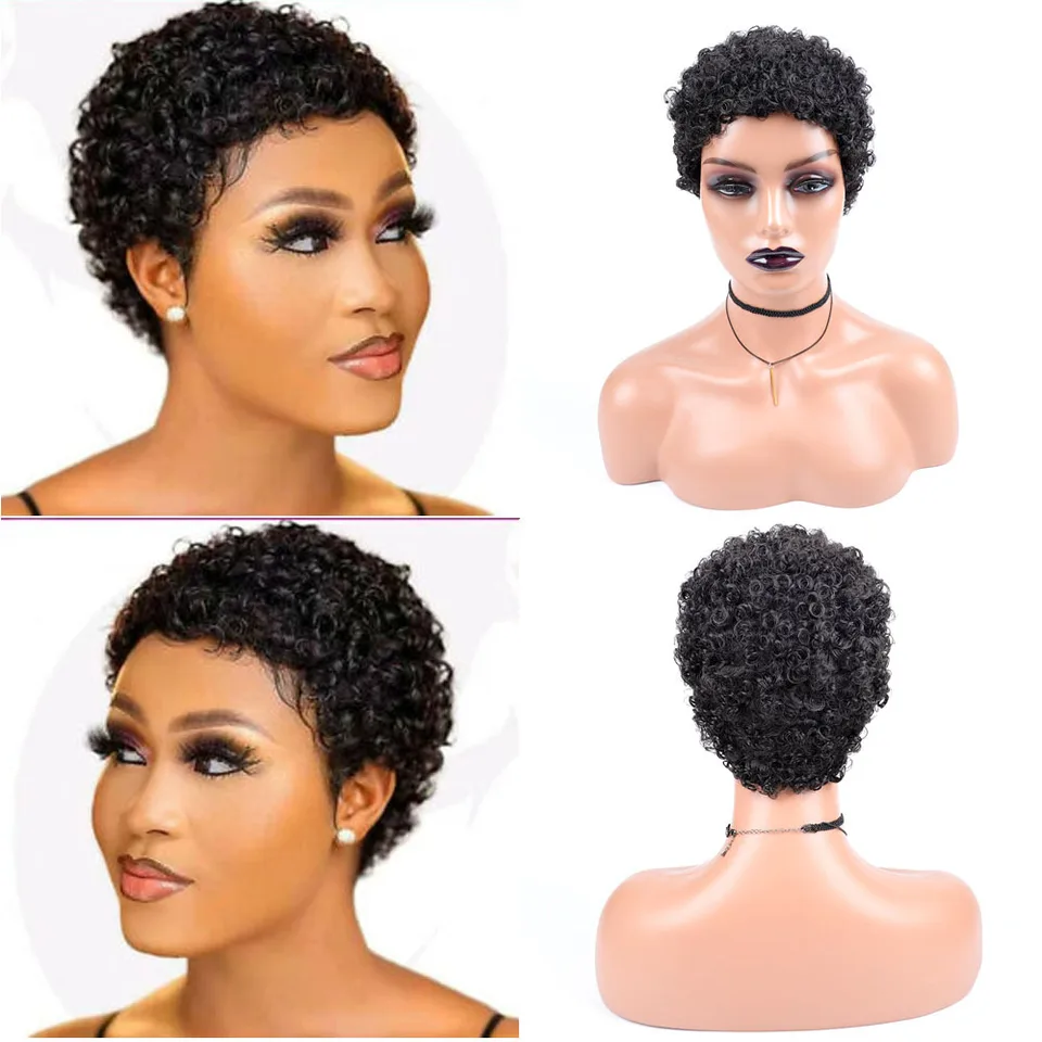 6 palcov bez Glueless Pixie Cut Parochne Brazílske panenské ľudské vlasy Parochňa pre čierne ženy Krátky afro výstredný kučeravý stroj vyrobený