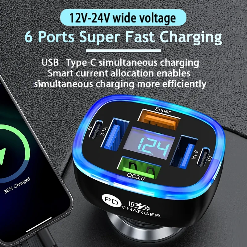 6 portov nabíjačka automobilu Super rýchle nabíjanie PD QC3.0 USB C Typ C Adaptér s napätím pre iPhone Samsung Huawei Xiaomi