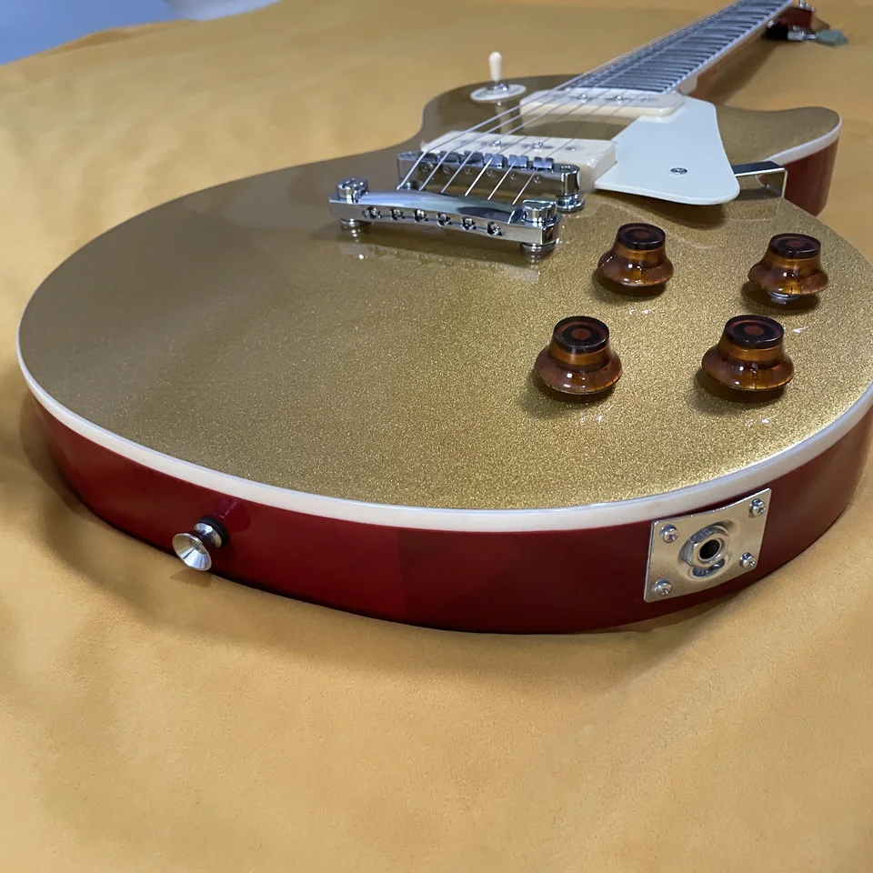 6-stringová elektrická gitara, preprava zadarmo, zlatý panel červené telo, hmatník z ružového dreva, vysoký lesk, duálne pickup Guitarra