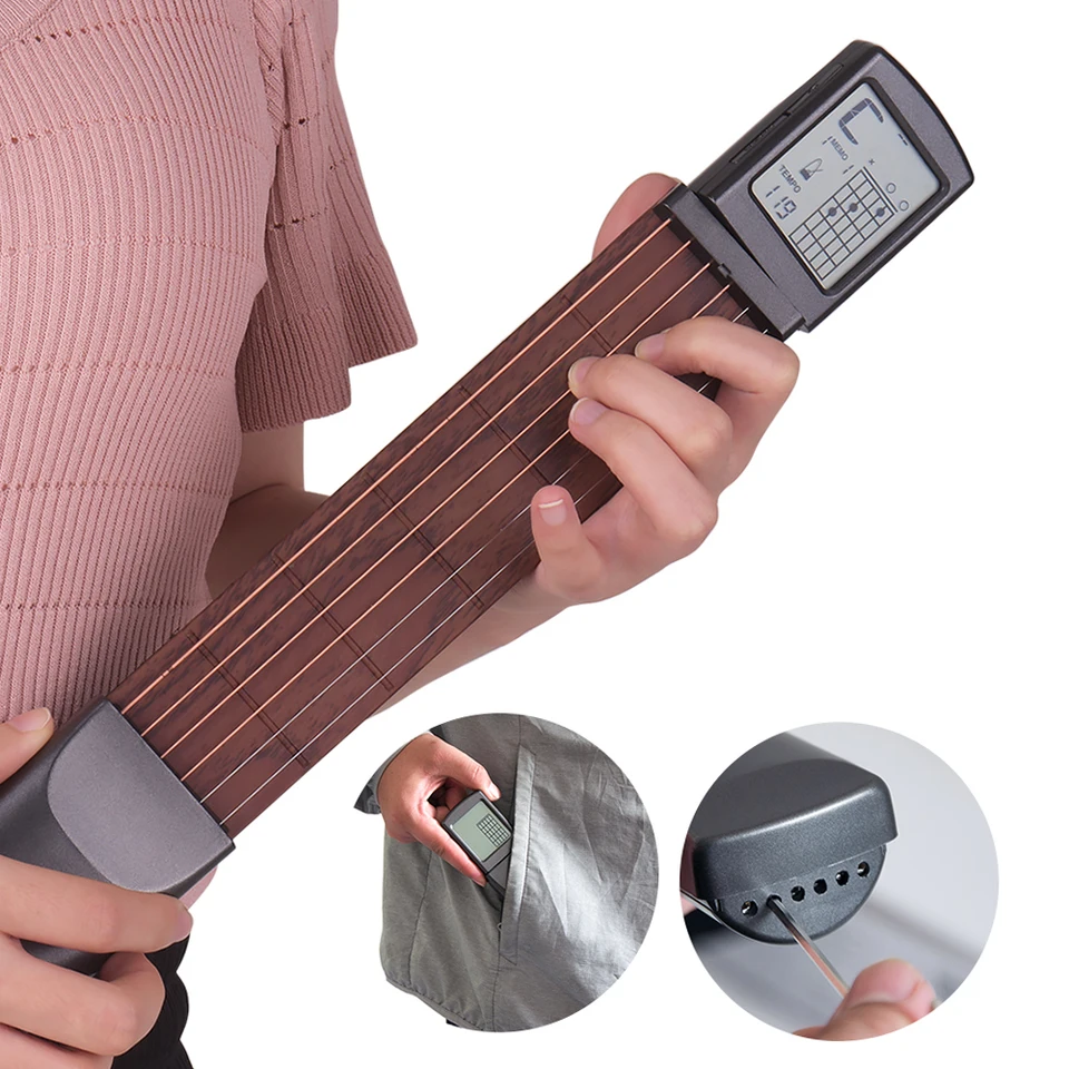 6-strunové vreckové gitarové akordy Tréner folklórny gitarový tréning gadget 6 pražcov s rotačnými akordmi obrazovky graf pre začiatočníkov