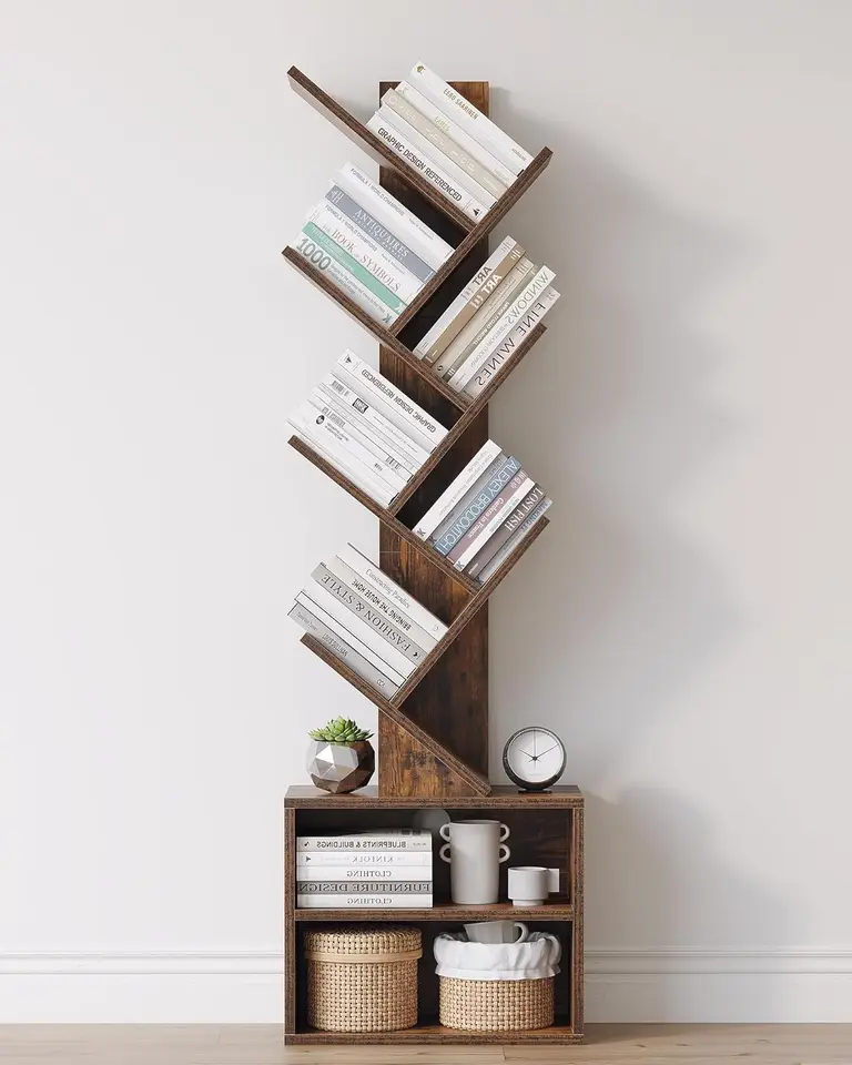 6 Tier Tree Bookshelf, malá knižnica s úložnou skrinkou, moderná vysoká úzka knižnica organizátor, podlaha, rustikálna hnedá