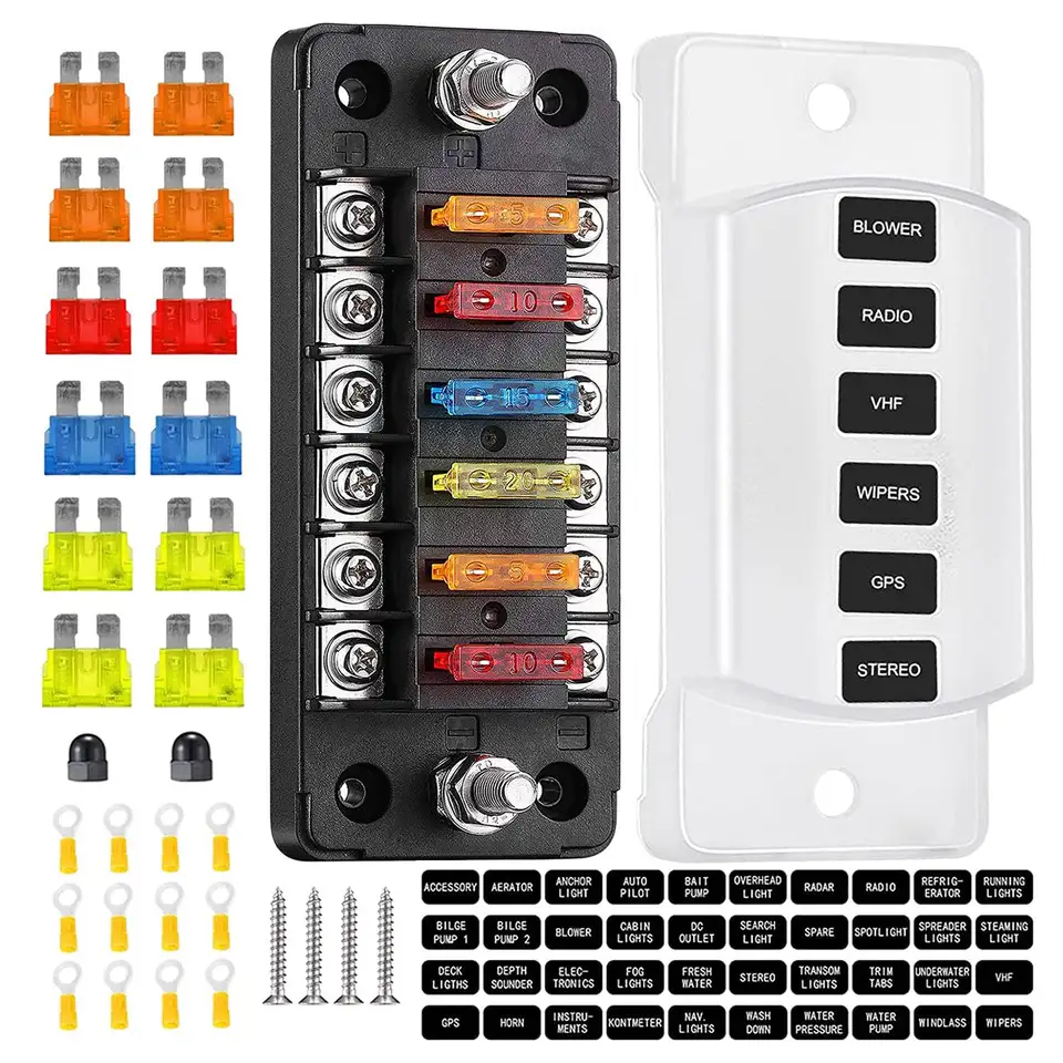 6 -Way Fuse Block Blade Fuse Box s negatívnym autobusom - ATC/ATO pre lodné jachtové vozidlo Automatické RV Car Trailer Truck SUV