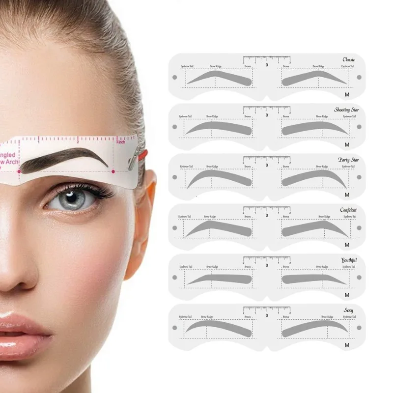 6 Štýl Fixovateľný obočie Stencil Grooming Shaper Šablóna opakovane použiteľné nálepky Make -up Tools pre kozmetickú pečiatku na obočie