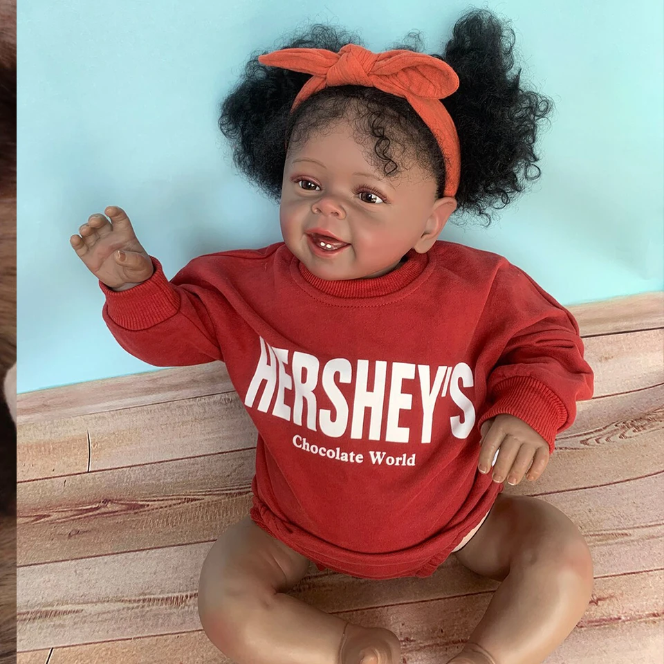 60 cm látkové telo Silikón vinyl znovuzrodená čierna bábika Yannik Girl Battle Livelike African American Baby Doll