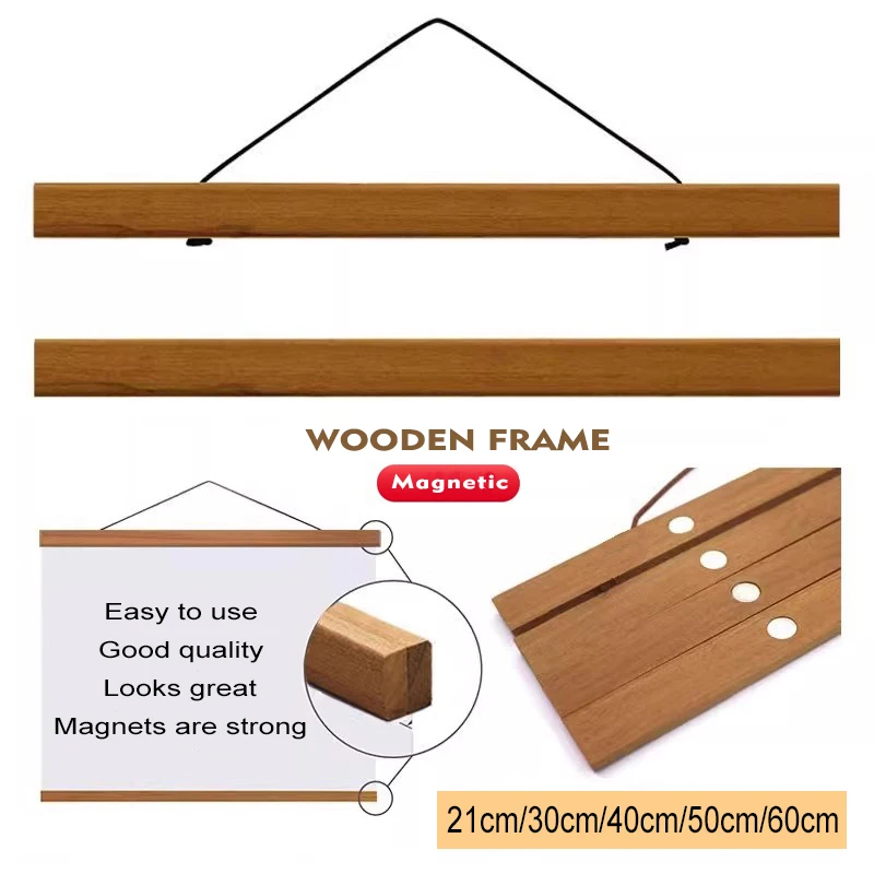 60 cm Magnetické plagáty Rámy vešiak Drevené zavesenie rámu Obrázok maľba držiak plagátu Prírodné teak Photos Scroll Wall Art Decor