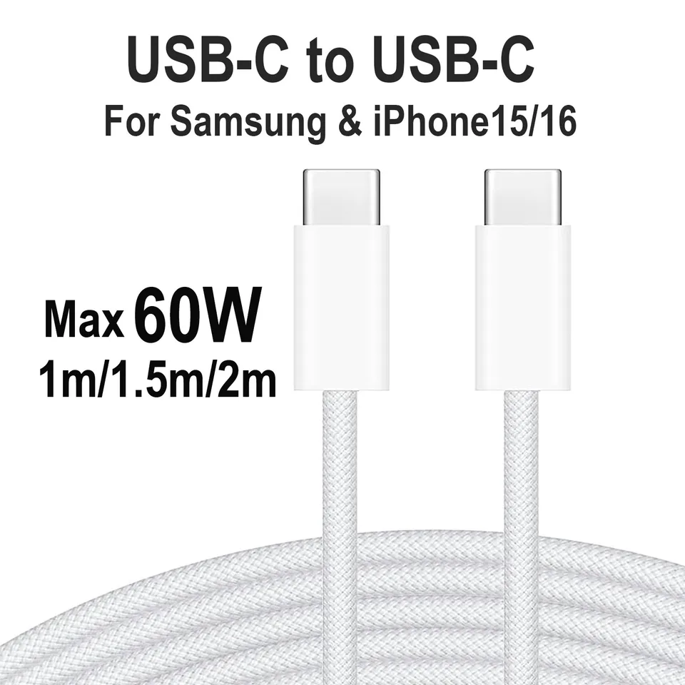60 W nylon Braided USB-C na USB-C Rýchle nabíjacie kábel pre iPhone 16/15, Samsung S24/23/22, iPad Pro, MacBook Air/Pro.