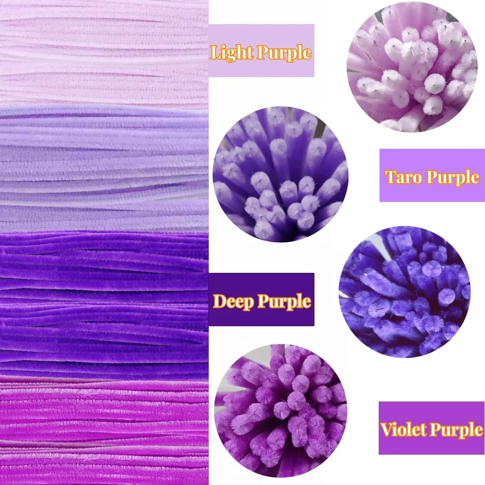 600ks Purple Series Pipe čističe 30 cm chenille stonky čistiace prostriedky pre deti Vzdelávacie hračky Ručne vyrobené pre domácich majstrov