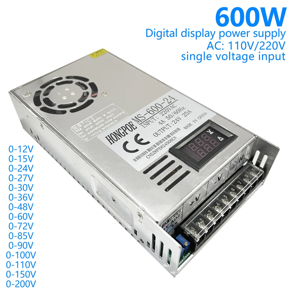 600W prepínanie napájacieho zdroja Voltag Nastavenie 0-12V 15V 24V 36V 48V 60V 85V 110V 200V LED DIGITÁLNE DIGITÁLNE DIGICKÉ PRÍRUČKA