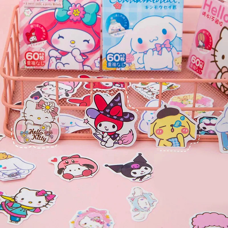 60ks/box nálepky Sanrio Hello Kitty Kuromi Cinnamoroll ručný účet Cartoon Decal Decal Canterative Sticker Kids Hračky