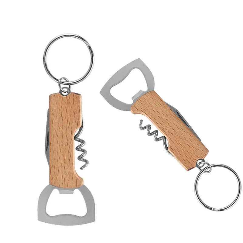 60ks fľaše otvárač Keyring Keychain z nehrdzavejúcej ocele Multifunkčná drevená rukoväť