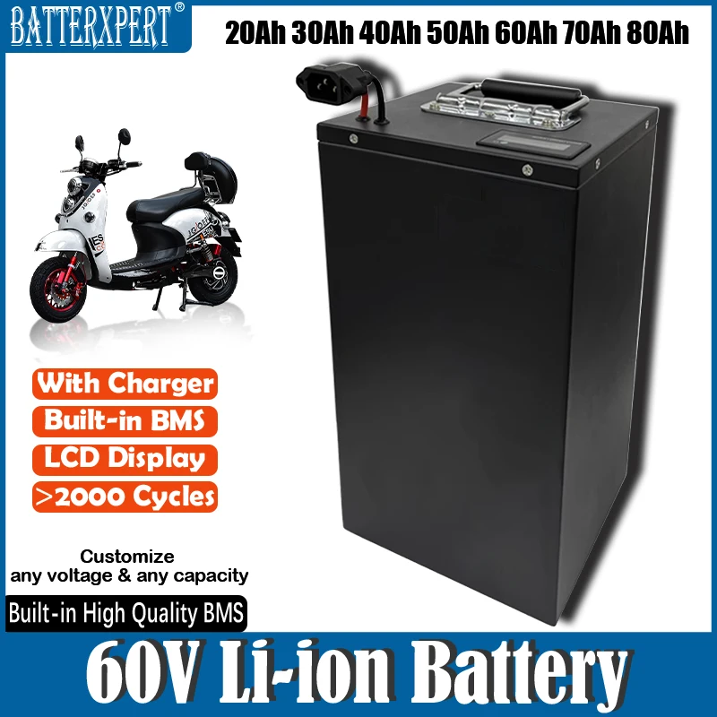 60V 20AH 30AH 40AH 50AH 60AH 70AH 80AH lítium -iónovej batérie pre 1 kW 2KW 3KW 4KW 5KW Elektrické vozidlo Motocykel +nabíjačka +nabíjačka