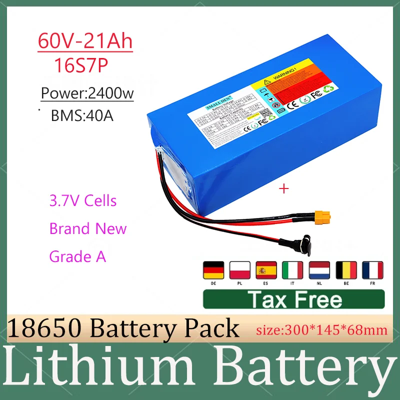 60V 21AH 18650 Littium Triangle Battery BMS 16S Li Ion pre 2400 W MOUNTICKÝ SCOOTER Motocykel + 3A nabíjačka