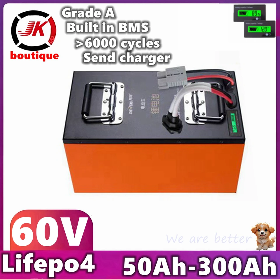 60V 50AH 90AH 100AH ​​150AH 180AH 200AH 300AH LIFEPO4 batéria pre 3KW 6KW Scooter Tricycle Motocykel EV, RV ， AGV Forklift Go Car Car Car