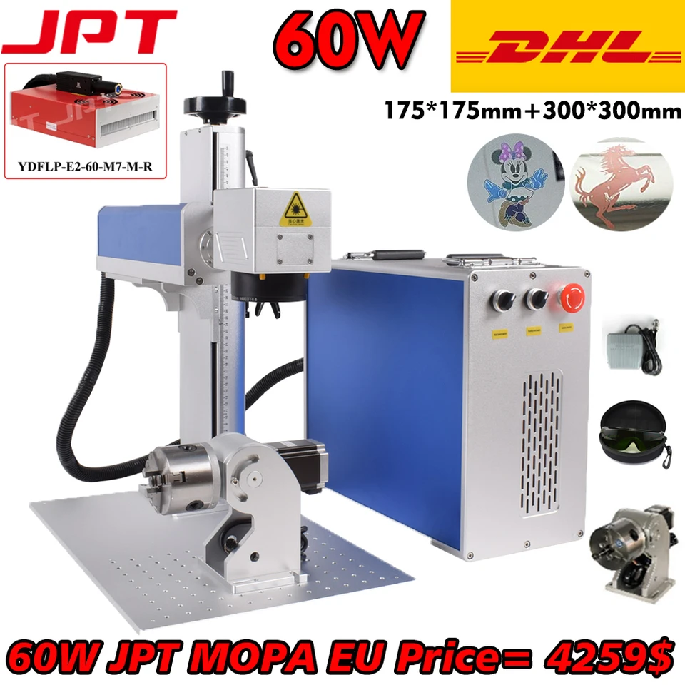 60W JPT Fiber laserové označenie stroj JPT 60W MOPA JPT E2 Laserový zdroj pre kovové zlaté striebro GRÁKOVANIE Strih 175 mm+300 mm objektív