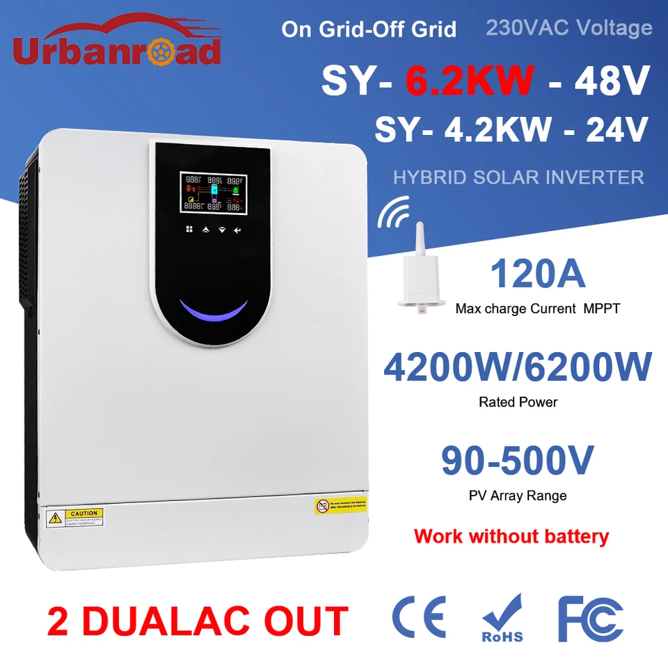 6200W 4200W Hybridný solárny invertor 24v 48V Auto 500VDC PV Vstup 220VAC 24VDC 48VDC 4,2KW 6.2KW Solar Carge Controller LCD