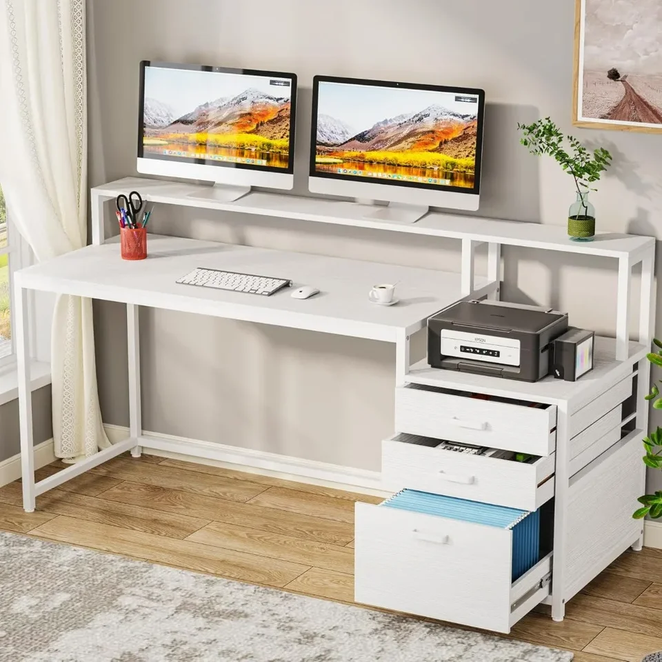 63 palcový počítačový stôl s skrinkou na zásuvku, ergonomický kancelársky stôl s monitorovým stojanom, počítačový stôl s priestorom pre tlač, drevo