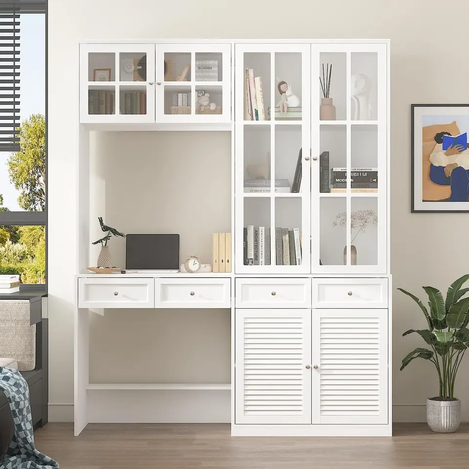 63 ”W Office Desk s hutch, počítačový stôl s knižnicou v kabinete, dvere uzávierky, výkonný stôl, domáca kancelária, biela