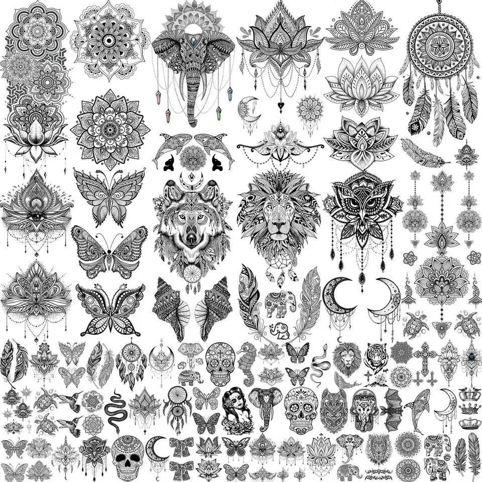 64 listov Čierna henna Dočasné tetovanie pre ženy krk na krk rameno mandala kvetina tetovanie falošné snové snové náramok Lion Wolf Tatoos