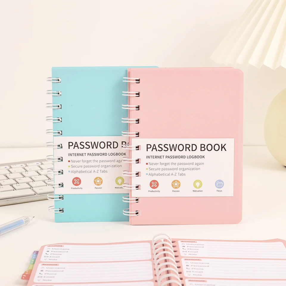 65 listov Simple PVC Hardcover Coil Heslo Book Advanced Adresa Heslo Manager s nálepkami štítkov pre kanceláriu domácej školy
