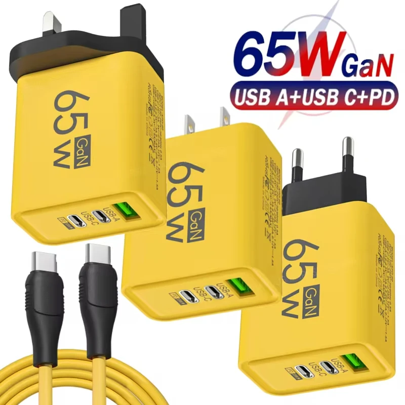 65 W 3 porty Gan USB PD Mobile Phone Chargers USB C TYNAJTE C TYPY CHLIVODÁLNE NAPRAVENIE Dátový kábel QC3.0 Adaptér mobilných telefónov