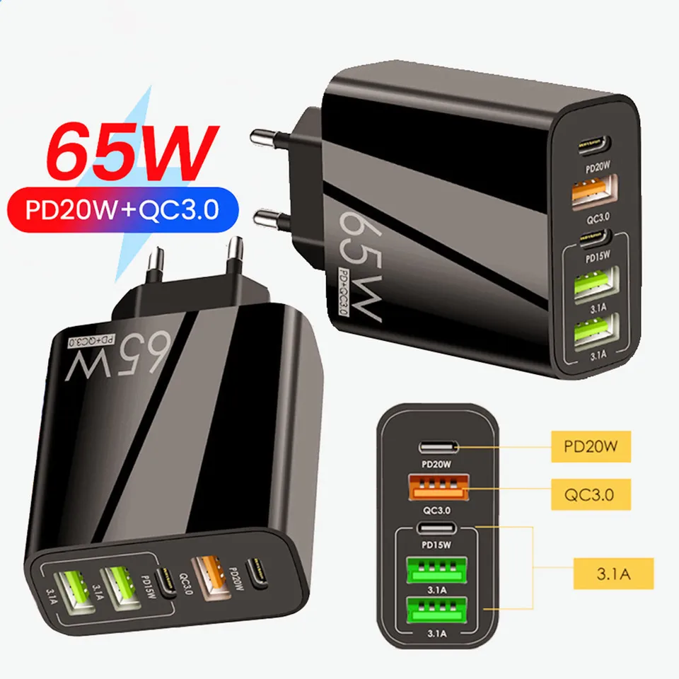 65 W Gan USB C nabíjačka 5 portov rýchle nabíjanie Typ C Mobilný telefón pre iPhone 15 Samsung Xiaomi EÚ/US/UK nabíjačku
