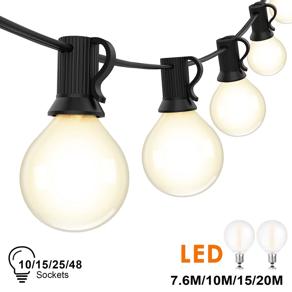 65ft Fairy Outdoor String Lights G40 LED matné biele žiarovky stmievateľné pripojiteľné nepremokavé záhradné dekorácie Girland Light Chain