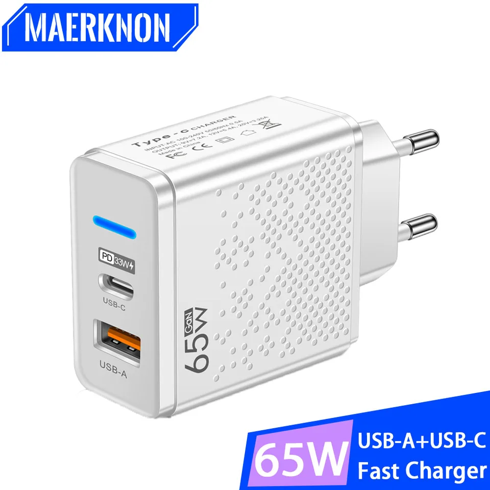 65W 2 porty Gan Charger USB Typ C Quick Chargring Telefónový adaptér pre iPhone 15 Xiaomi Samsung Huawei Eu/US/UK Plustová rýchla nabíjačka