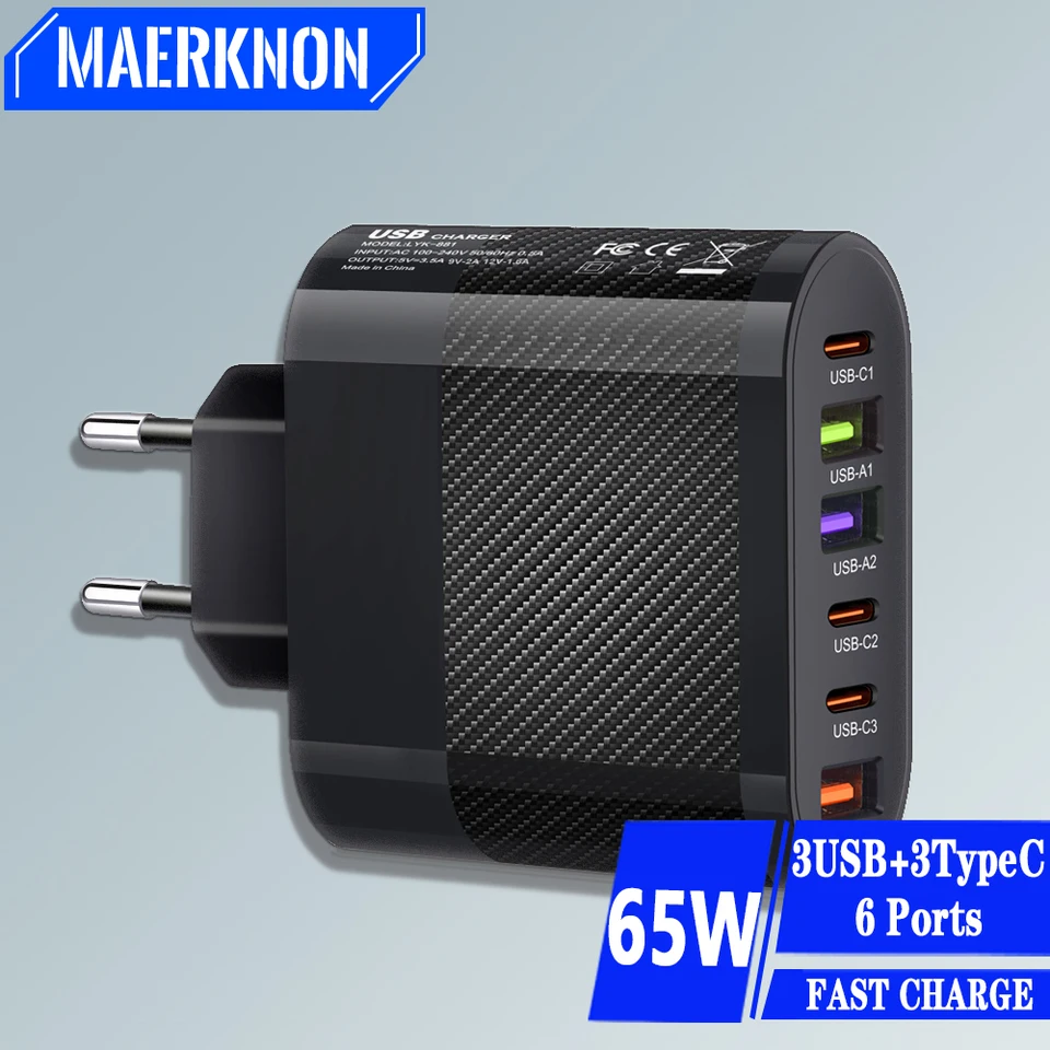 65W USB C nabíjačka 6 portov USB Typ C PD nabíjačka Rýchle nabíjanie3.0 pre Samsung S23 Xiaomi Mobile Phone Adapter Adaptér EÚ/US/UK Plug