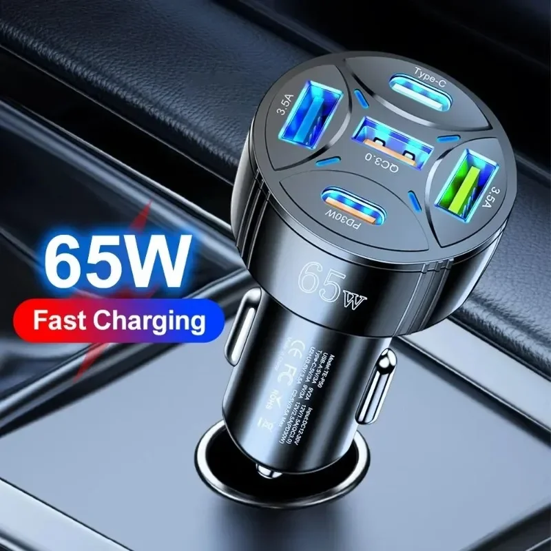 65W USB CAR nabíjačka 5 port qc3.0 PD typu C Rýchle nabíjanie cigariet Univerzálny adaptér pre iPhone Xiaomi Samsung