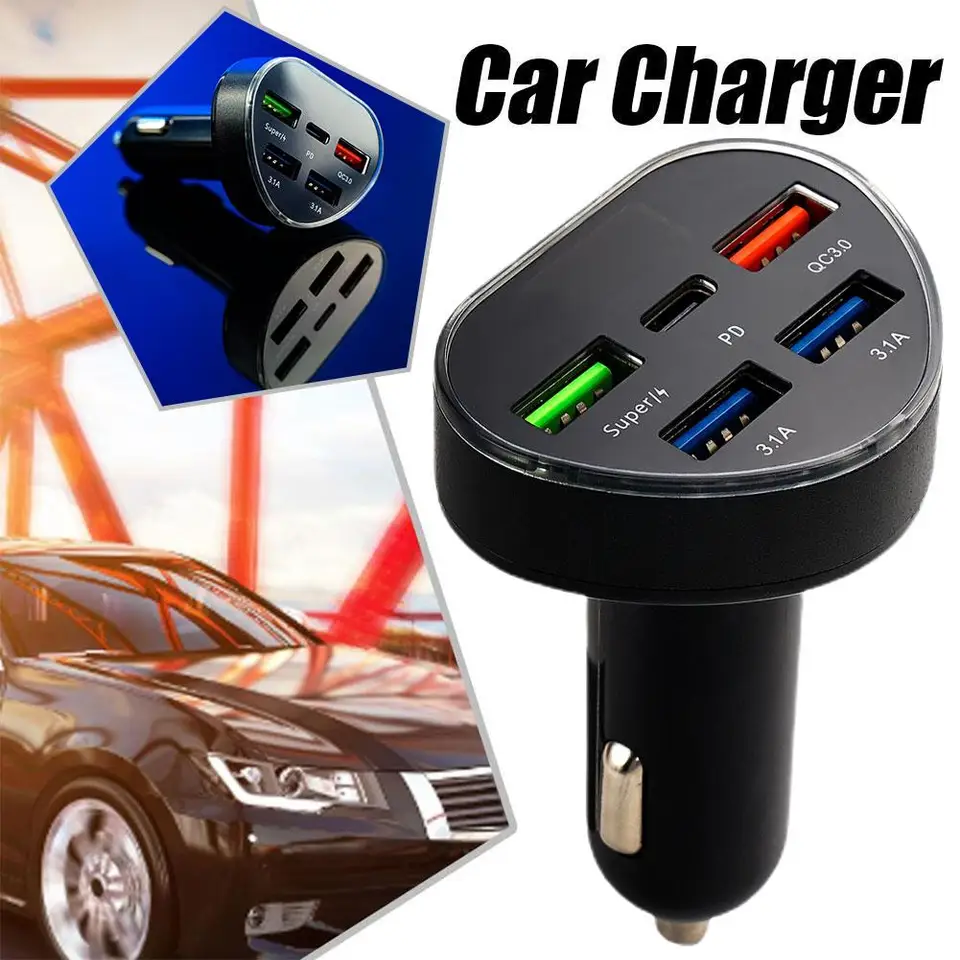 66 W nabíjačka automobilu PD QC3.0 Adaptér rýchleho nabíjania s 5 portmi pre iPhone USB Typ C Zachladnutie nabíjačky X8F3