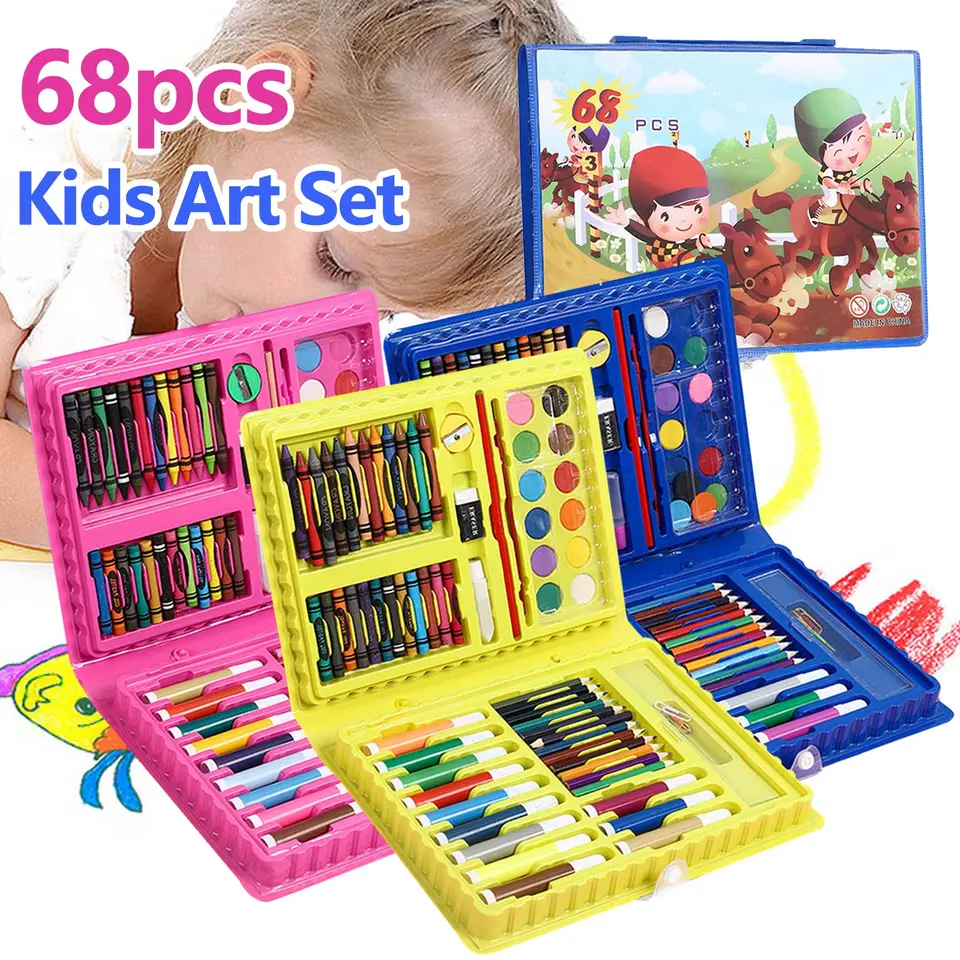 68ks pre deti maľba kresby Art Set Set s pastelkami olejové pastely Watercolor Markers Farebné ceruzkové nástroje pre darček pre batoľatá
