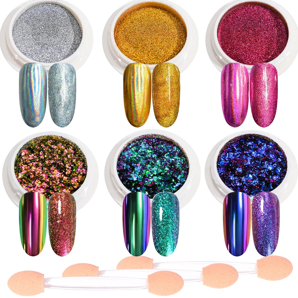 6Colors/Set Aurora Chameleon Magic Mirror Art Art Prášok Holografický chrómový pigment Vianoce/večierok DIY manikúra trblieta