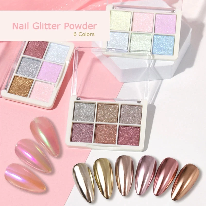 6Colors/Set Solid Magic Mirror na nechtovú prášok Aurora Aurora Metallic Effect Chrome Glitter Pigment