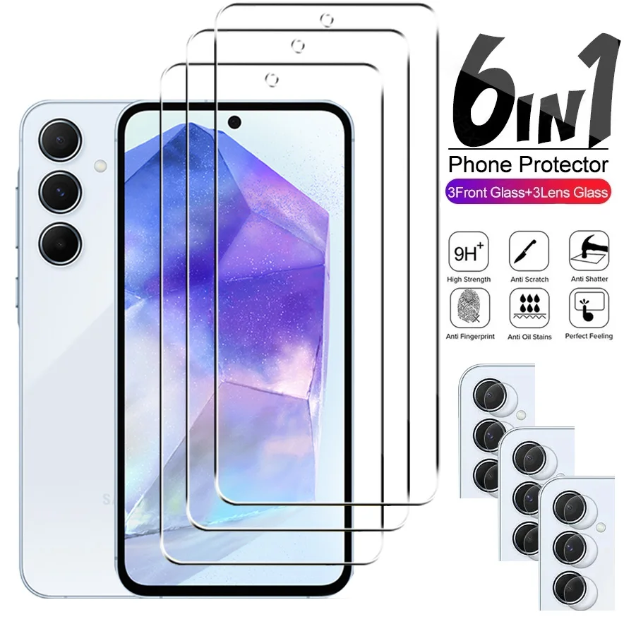 6in1 Temperované sklo pre Samsung A55 A16 A35 A15 A25 A54 A24 A34 A34 Obrazovka s obrazovkou obrazovky fotoaparátu pre Samsung A53 A14 A73 A52