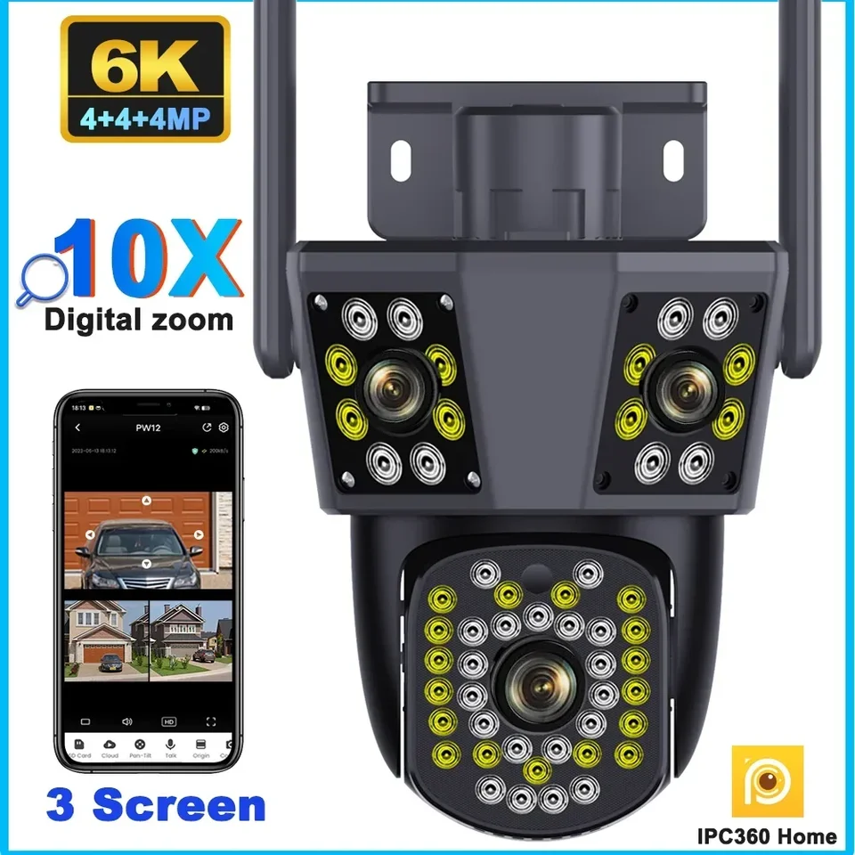 6K WiFi Camera Outdoor 12MP Video Dohľad tri šošovky Tri obrazovky CCTV 10X Zoom Video sledovanie IPC360 Home Street Cam